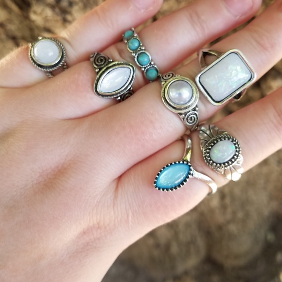 Jewelry - Boho Gypsy SILVER Opal Moonstone Midi Ring Set